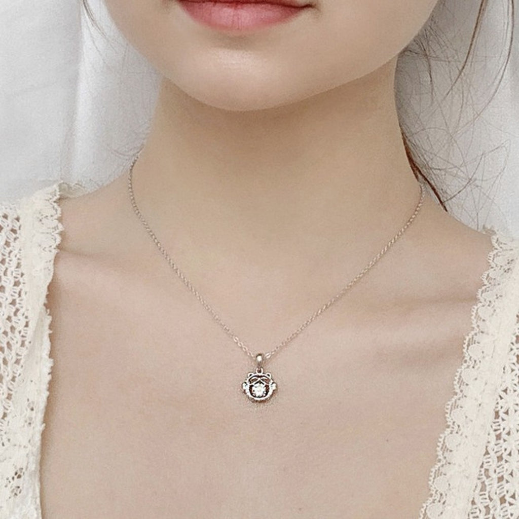 Cat Round Moissanite Necklace with CZ in White Gold-Plated S925 sterling silver neckline model view showing pendant scale and chain length