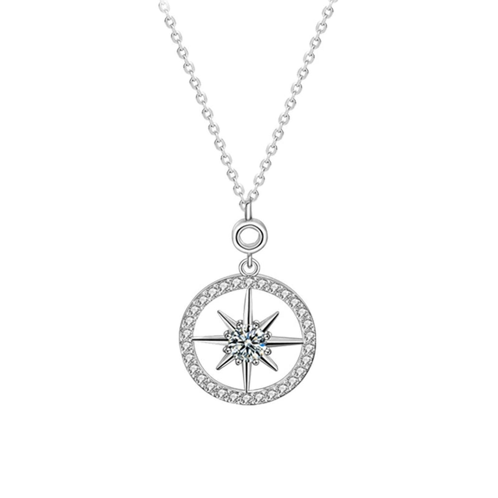 Eight-Point Star Round Moissanite Sweater Necklace in White Gold-Plated S925 sterling silver white background product photo showing eight-point star sweater necklace with a round moissanite center