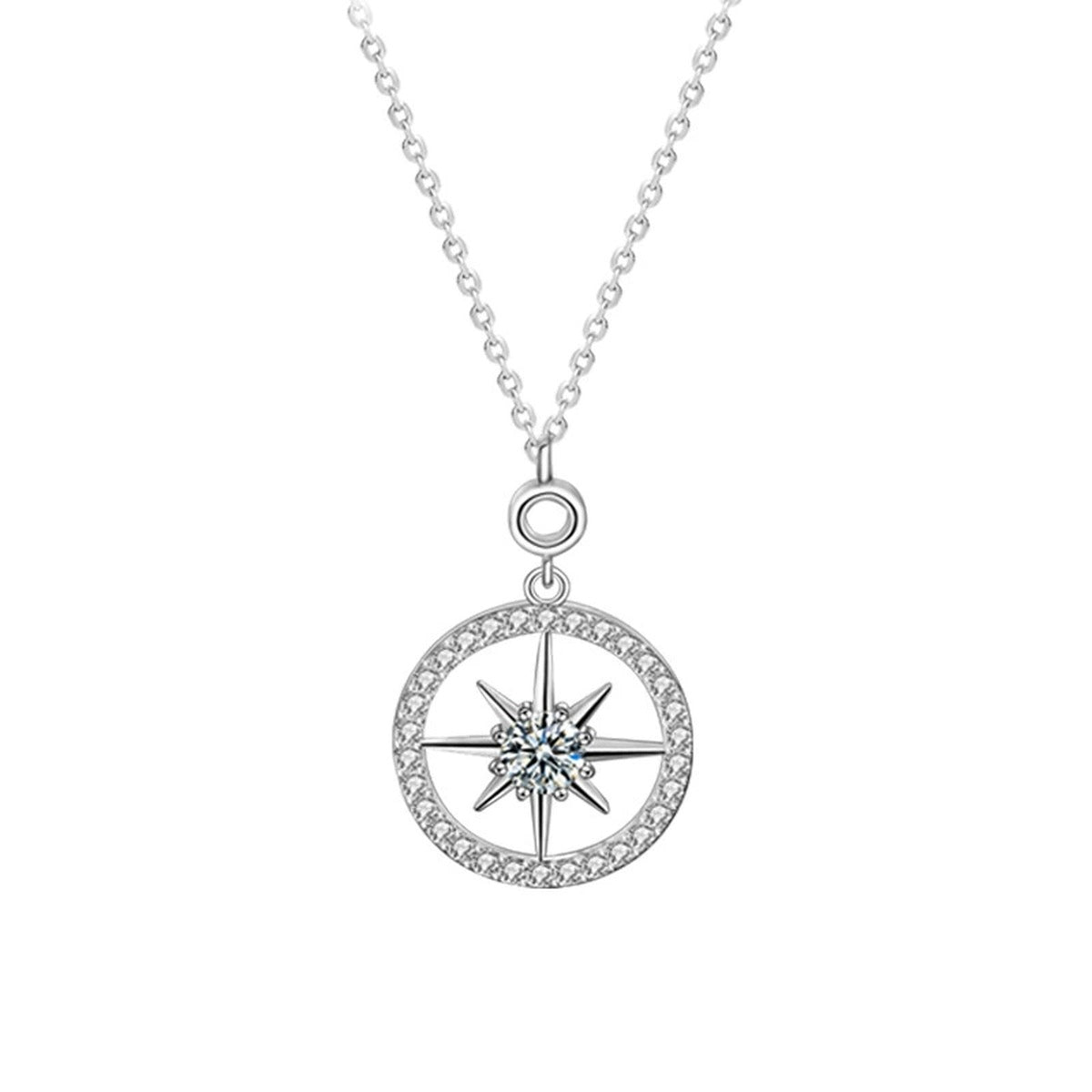 Eight-Point Star Round Moissanite Sweater Necklace in White Gold-Plated S925 sterling silver white background product photo showing eight-point star sweater necklace with a round moissanite center