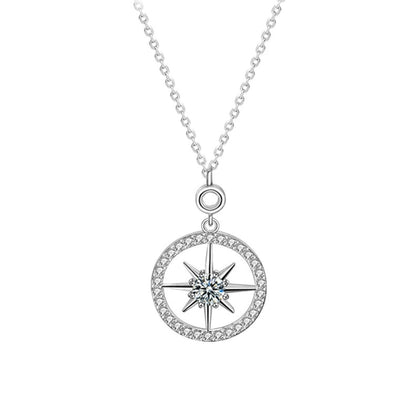 Eight-Point Star Round Moissanite Sweater Necklace in White Gold-Plated S925 sterling silver white background product photo showing eight-point star sweater necklace with a round moissanite center
