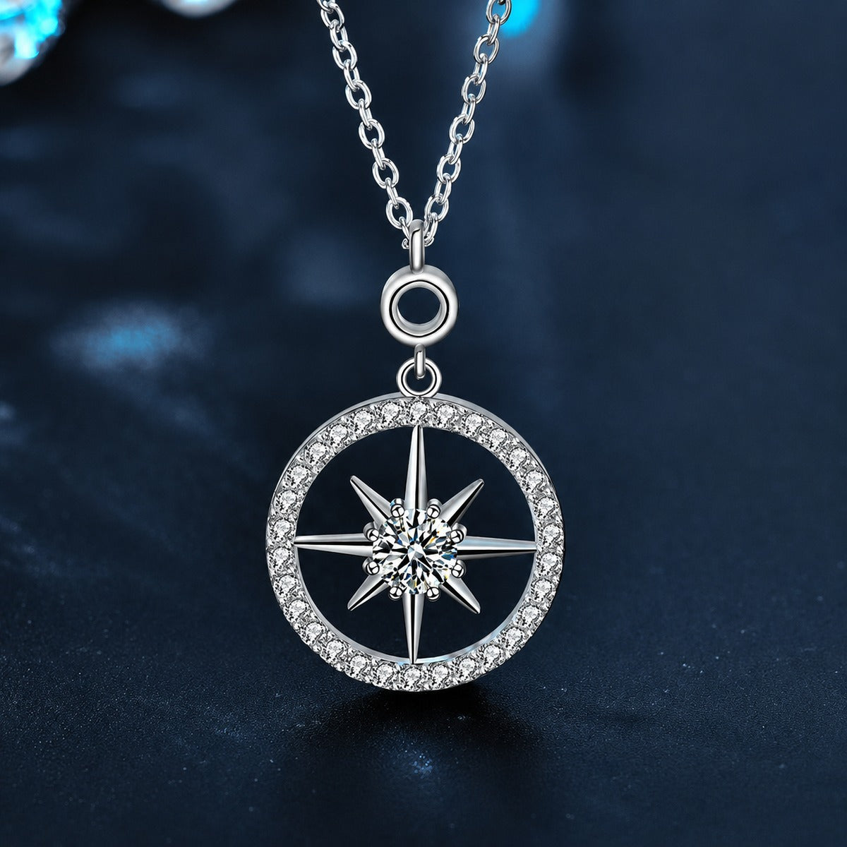 Eight-Point Star Round Moissanite Sweater Necklace in White Gold-Plated S925 sterling silver close-up product scene showing pendant setting