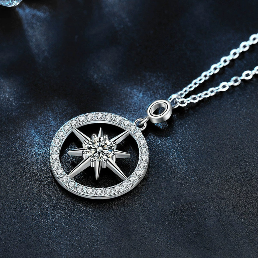 Eight-Point Star Round Moissanite Sweater Necklace in White Gold-Plated S925 sterling silver blue display scene showing chain and stone layout