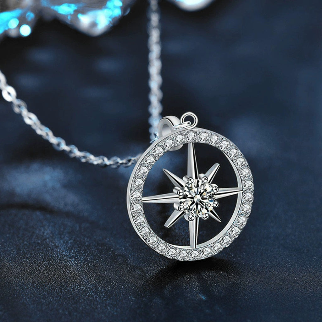 Eight-Point Star Round Moissanite Sweater Necklace in White Gold-Plated S925 sterling silver angled product detail view