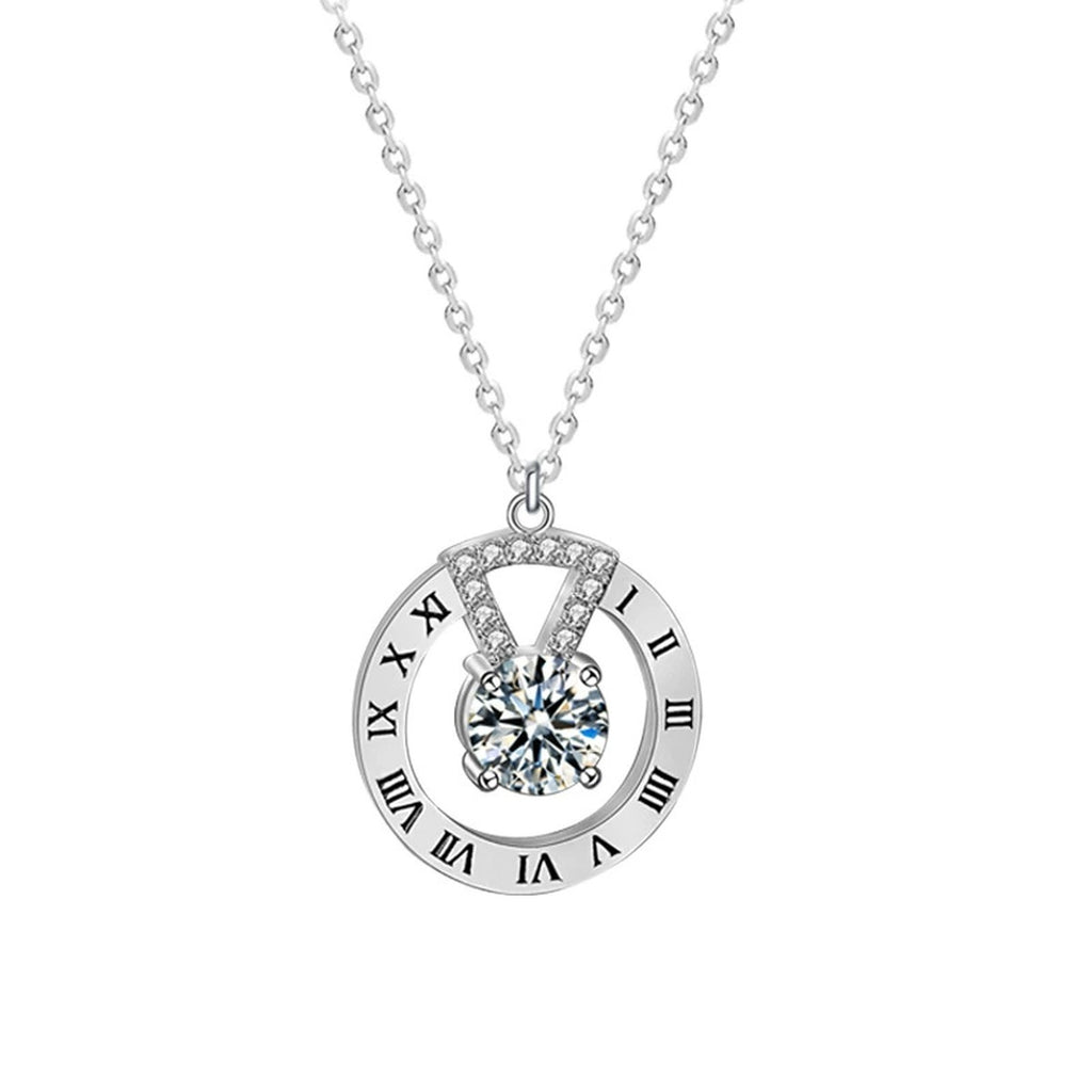 Roman Numeral Round Moissanite Disc Necklace with CZ in White Gold-Plated S925 sterling silver white background product photo showing roman numeral disc pendant with a round moissanite center and CZ detail