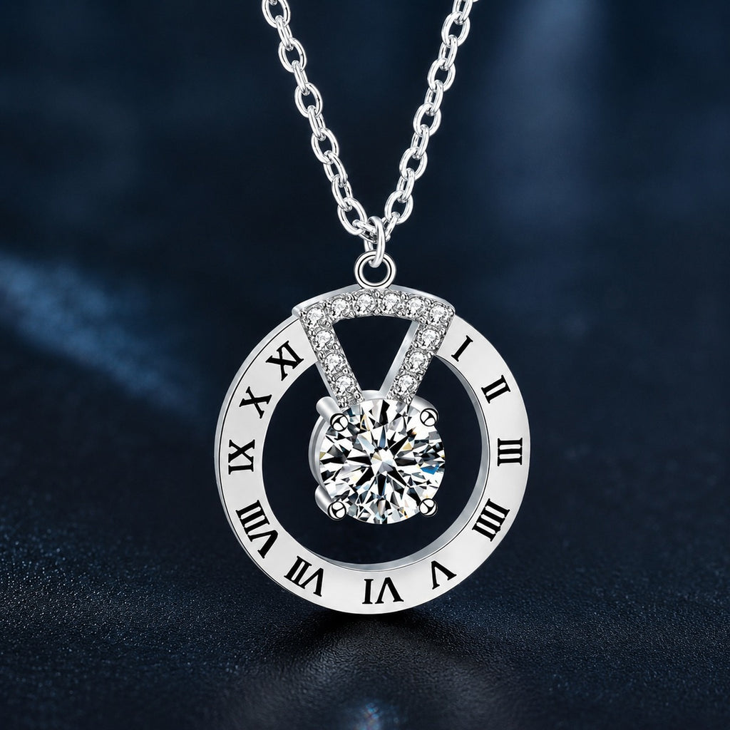 Roman Numeral Round Moissanite Disc Necklace with CZ in White Gold-Plated S925 sterling silver close-up product scene showing pendant setting