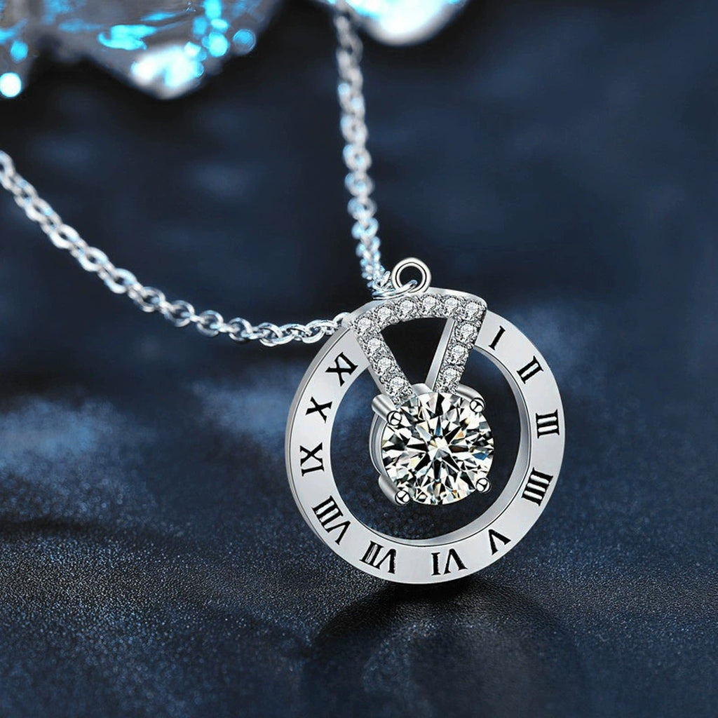 Roman Numeral Round Moissanite Disc Necklace with CZ in White Gold-Plated S925 sterling silver blue display scene showing chain and stone layout