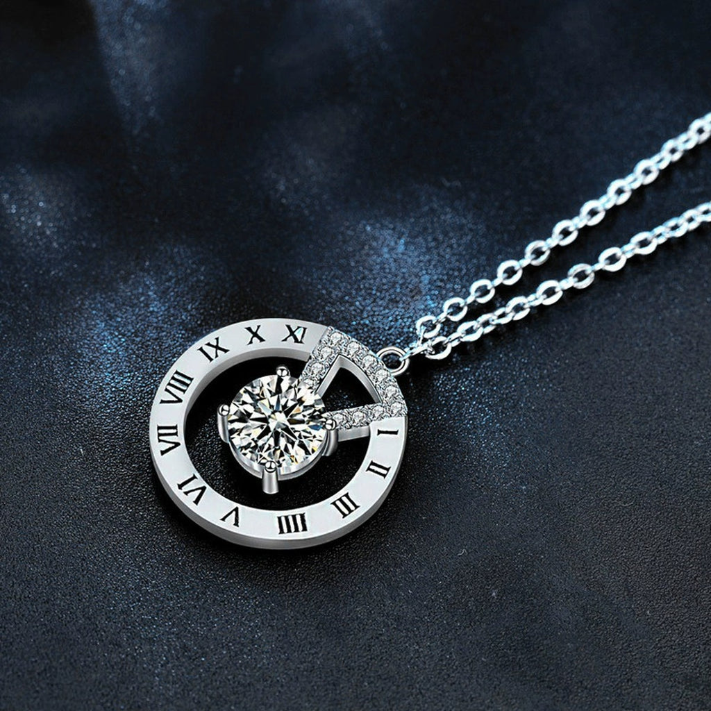 Roman Numeral Round Moissanite Disc Necklace with CZ in White Gold-Plated S925 sterling silver angled product detail view