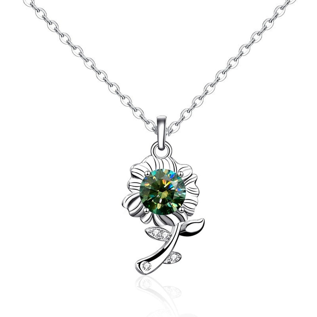 Floral Colored Moissanite Necklace with CZ in White Gold-Plated S925 sterling silver white background product photo showing floral pendant offered with green, white, and champagne yellow round moissanite centers