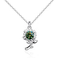 Floral Colored Moissanite Necklace with CZ in White Gold-Plated S925 sterling silver white background product photo showing floral pendant offered with green, white, and champagne yellow round moissanite centers