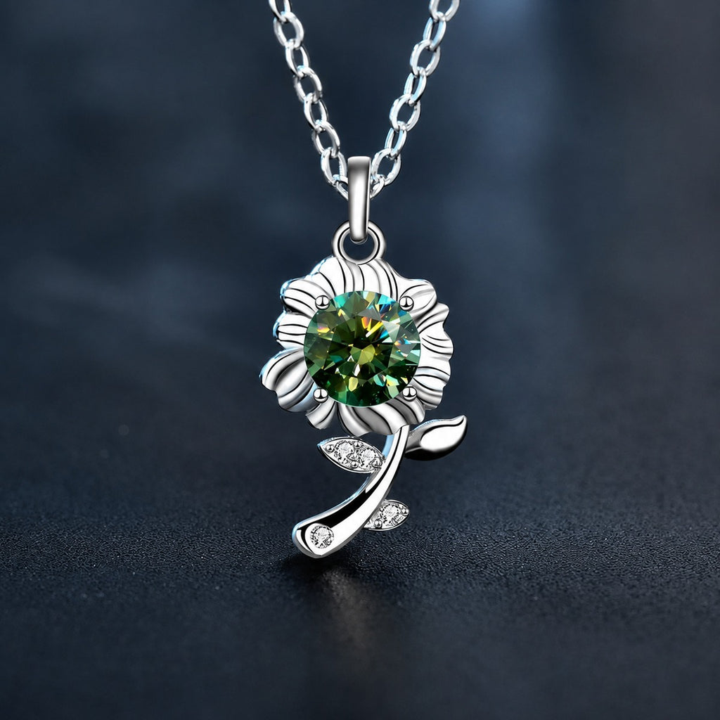 Floral Colored Moissanite Necklace with CZ in White Gold-Plated S925 sterling silver angled product detail view