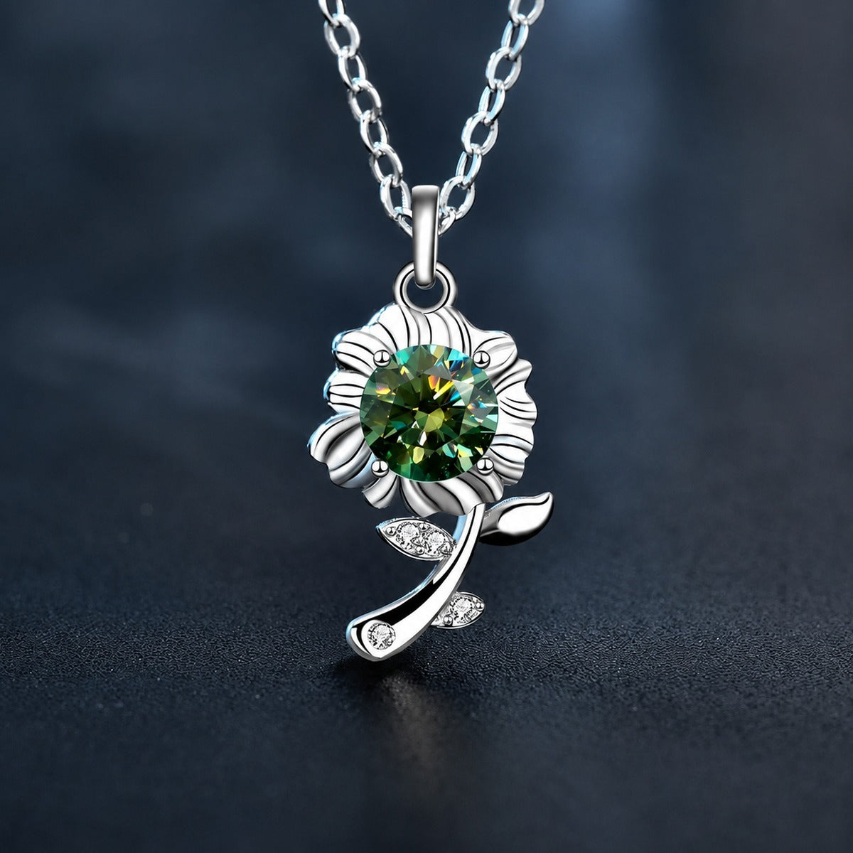 Floral Colored Moissanite Necklace with CZ in White Gold-Plated S925 sterling silver angled product detail view