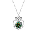 Bowknot Heart Round Moissanite Necklace with CZ in White Gold-Plated S925 sterling silver white background front product view showing bowknot-topped heart pendant offered with green or white round moissanite