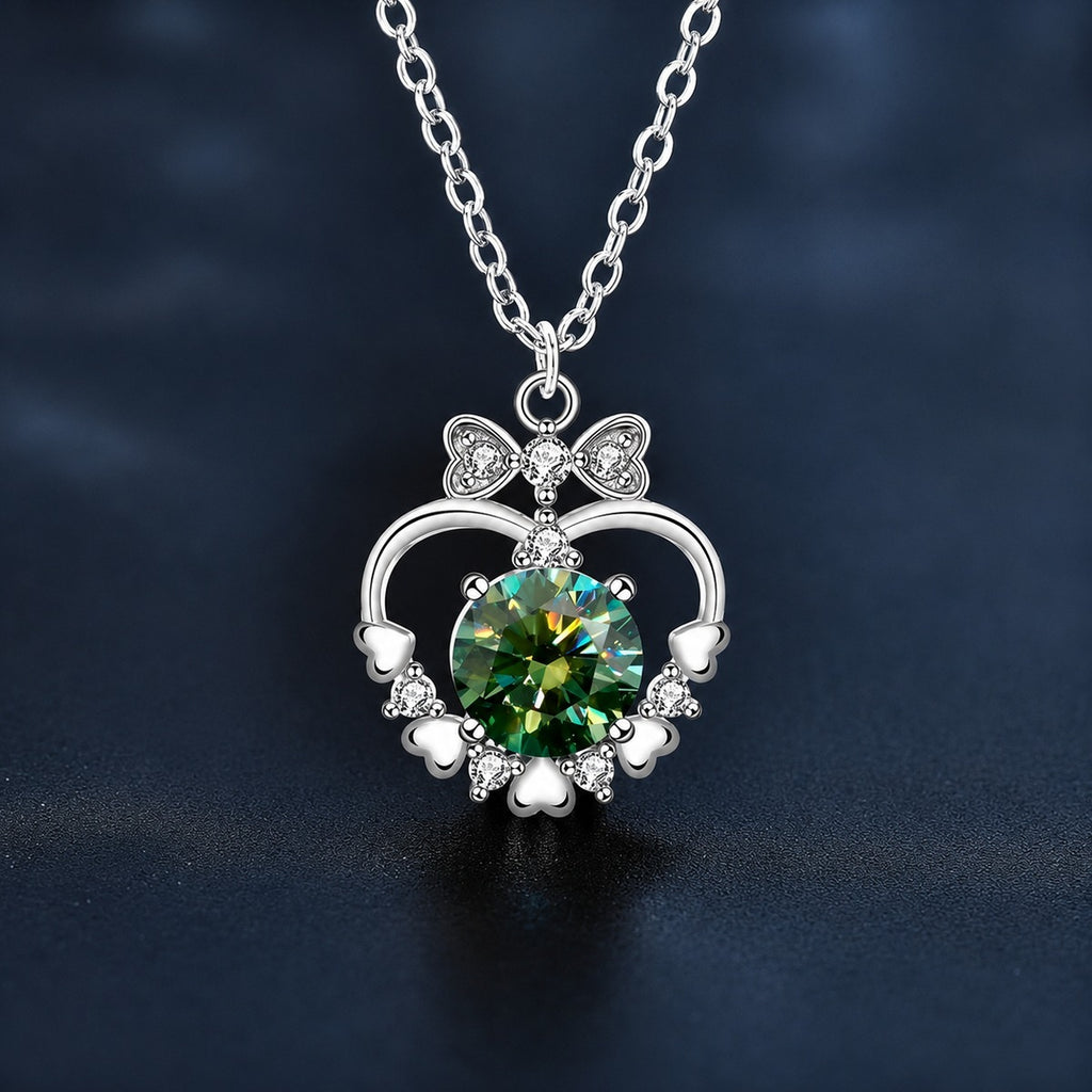 Bowknot Heart Round Moissanite Necklace with CZ in White Gold-Plated S925 sterling silver close-up styled product scene showing pendant setting