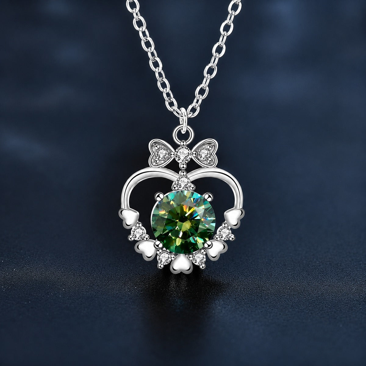 Bowknot Heart Round Moissanite Necklace with CZ in White Gold-Plated S925 sterling silver close-up styled product scene showing pendant setting