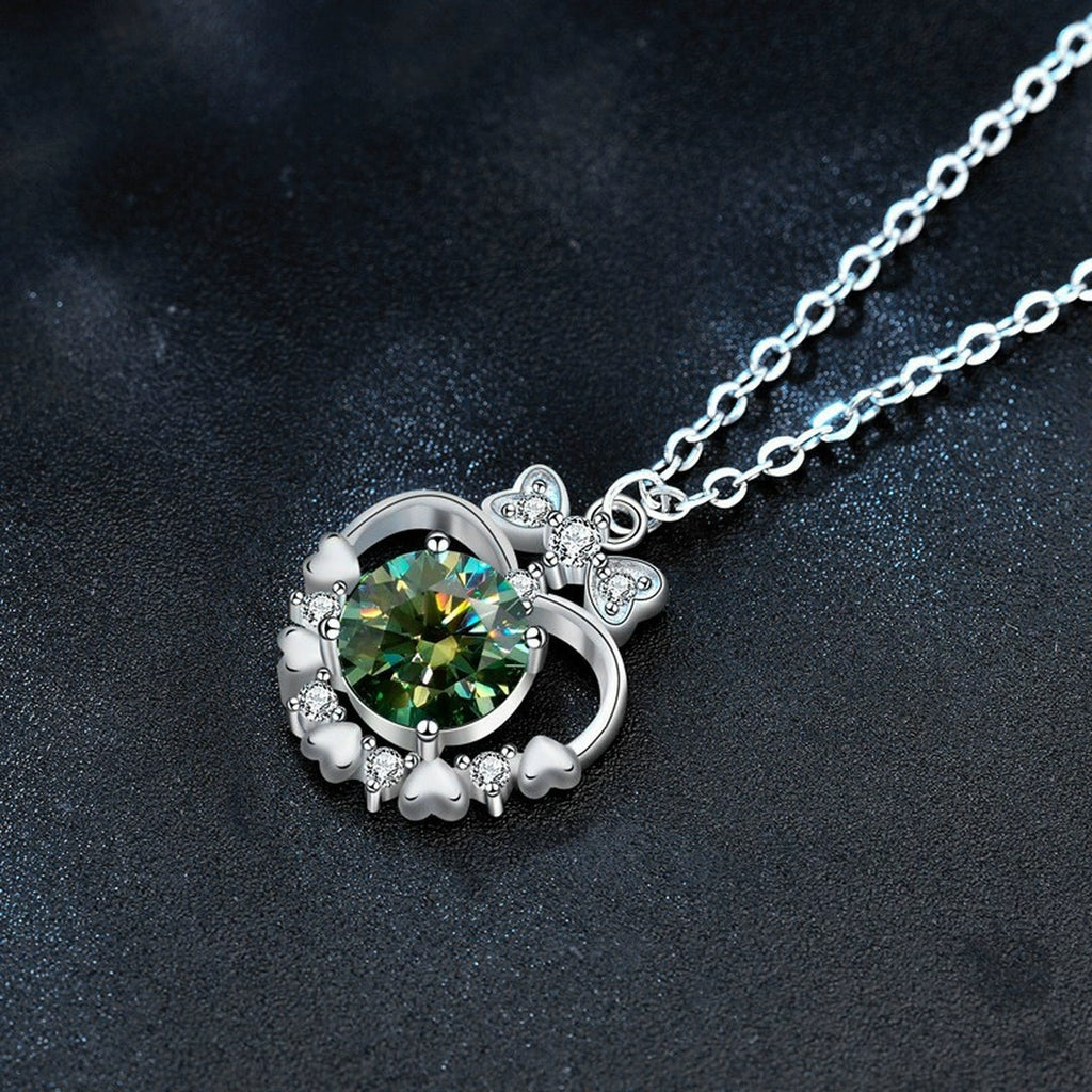 Bowknot Heart Round Moissanite Necklace with CZ in White Gold-Plated S925 sterling silver display scene showing chain and stone layout