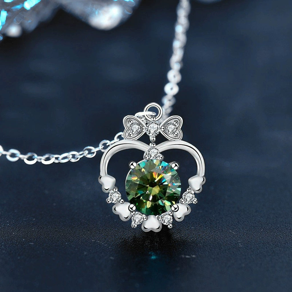 Bowknot Heart Round Moissanite Necklace with CZ in White Gold-Plated S925 sterling silver angled product detail view