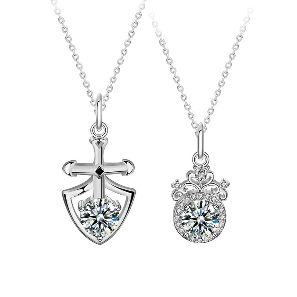 Knight and Princess Couples Moissanite Necklaces in White Gold-Plated S925 sterling silver white background product photo showing matching knight shield and princess crown couples necklaces with round moissanite centers