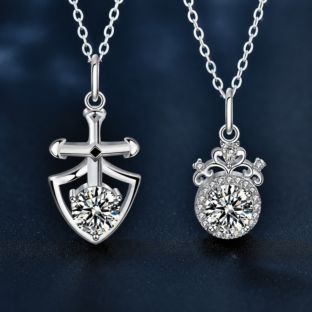 Knight and Princess Couples Moissanite Necklaces in White Gold-Plated S925 sterling silver close-up product scene showing pendant setting