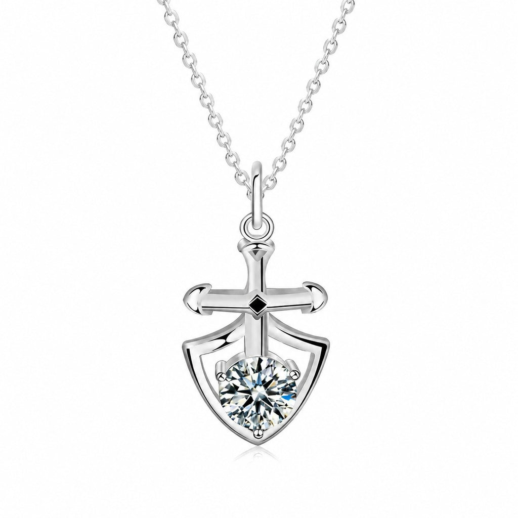 Knight and Princess Couples Moissanite Necklaces in White Gold-Plated S925 sterling silver blue display scene showing chain and stone layout