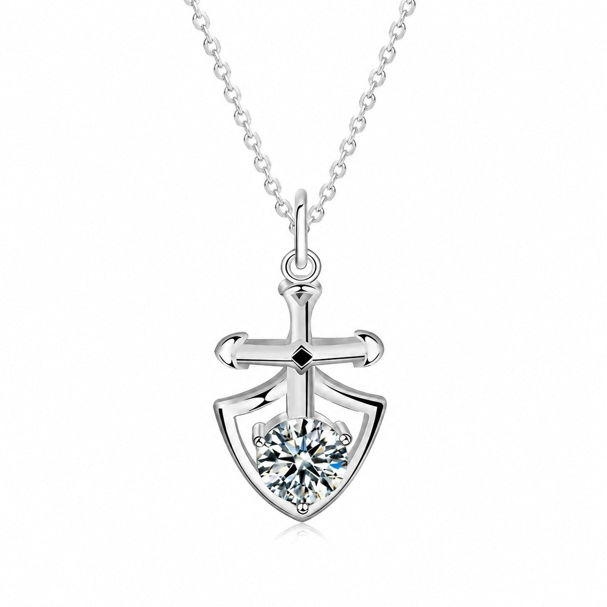 Knight and Princess Couples Moissanite Necklaces in White Gold-Plated S925 sterling silver blue display scene showing chain and stone layout