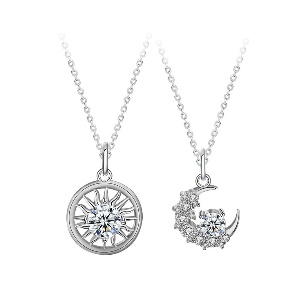 Sun and Moon Couples Moissanite Necklaces in White Gold-Plated S925 sterling silver white background product photo showing matching sun and moon couples necklaces with round moissanite centers