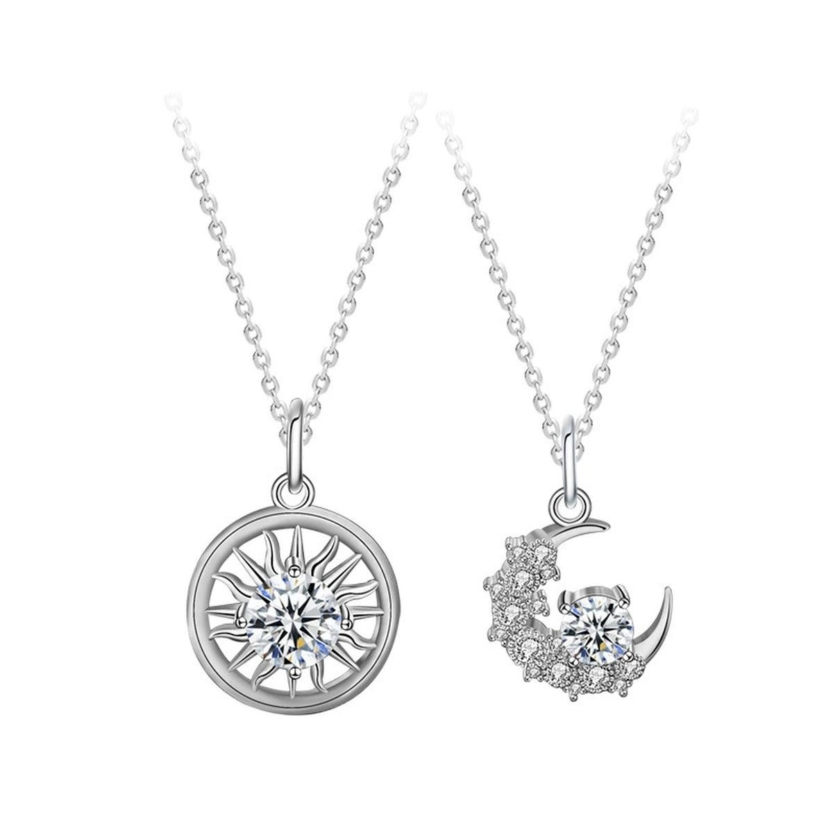 Sun and Moon Couples Moissanite Necklaces in White Gold-Plated S925 sterling silver white background product photo showing matching sun and moon couples necklaces with round moissanite centers