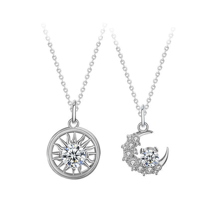 Sun and Moon Couples Moissanite Necklaces in White Gold-Plated S925 sterling silver white background product photo showing matching sun and moon couples necklaces with round moissanite centers