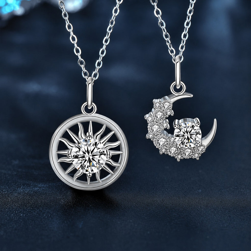 Sun and Moon Couples Moissanite Necklaces in White Gold-Plated S925 sterling silver close-up product scene showing pendant setting