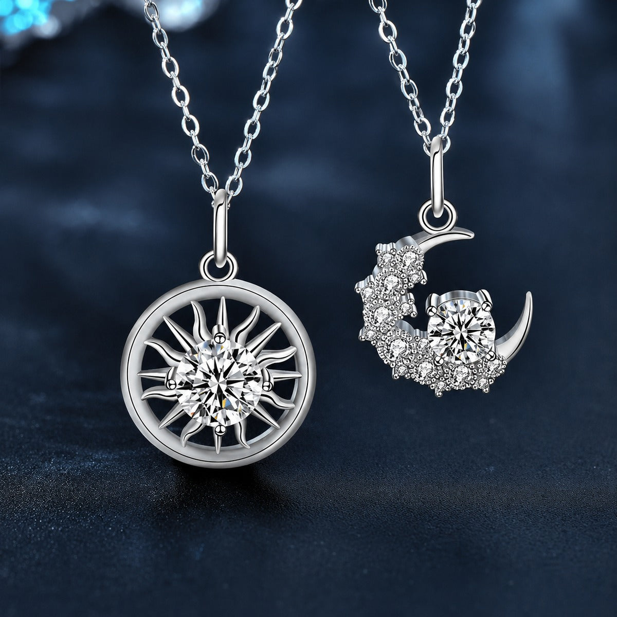 Sun and Moon Couples Moissanite Necklaces in White Gold-Plated S925 sterling silver close-up product scene showing pendant setting
