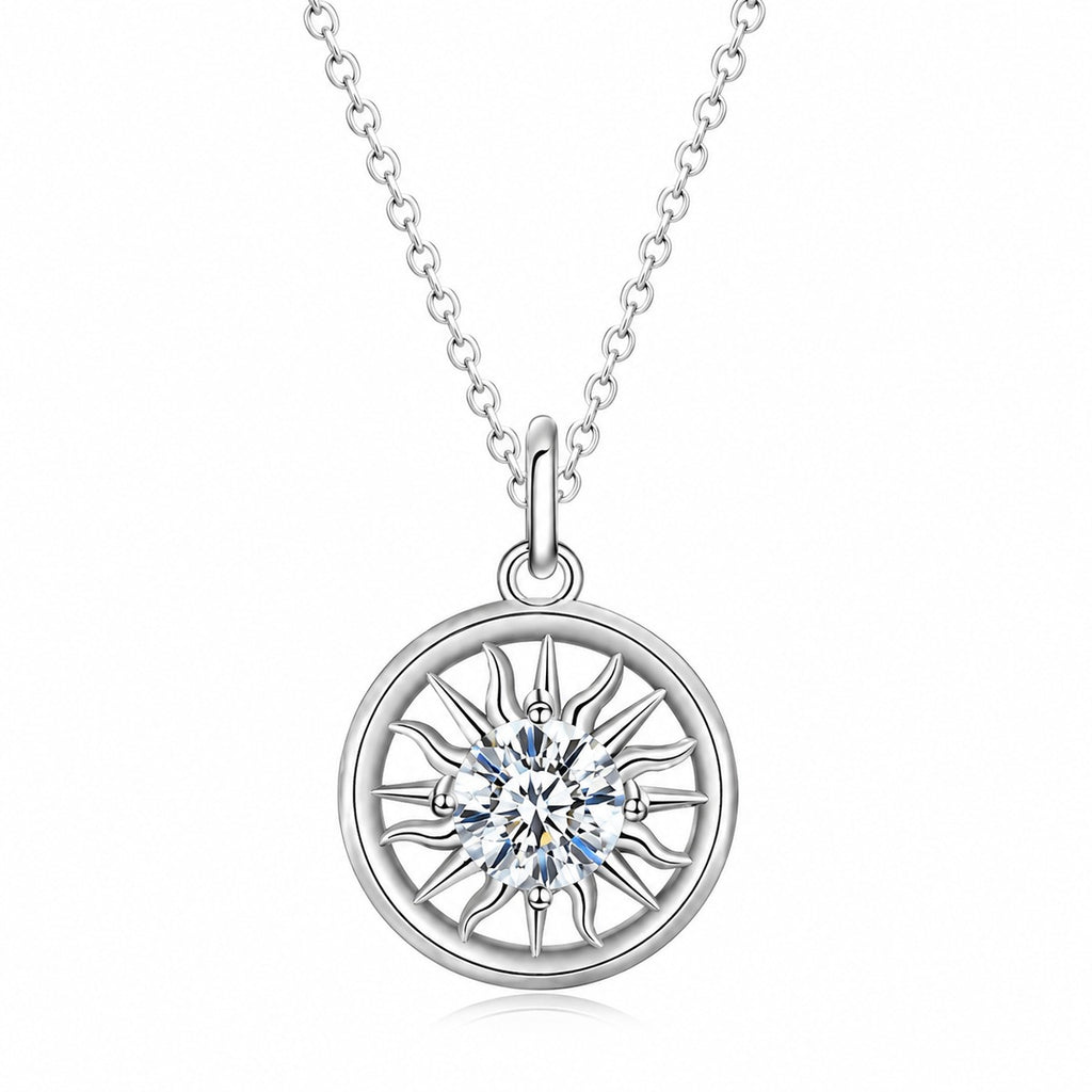 Sun and Moon Couples Moissanite Necklaces in White Gold-Plated S925 sterling silver blue display scene showing chain and stone layout