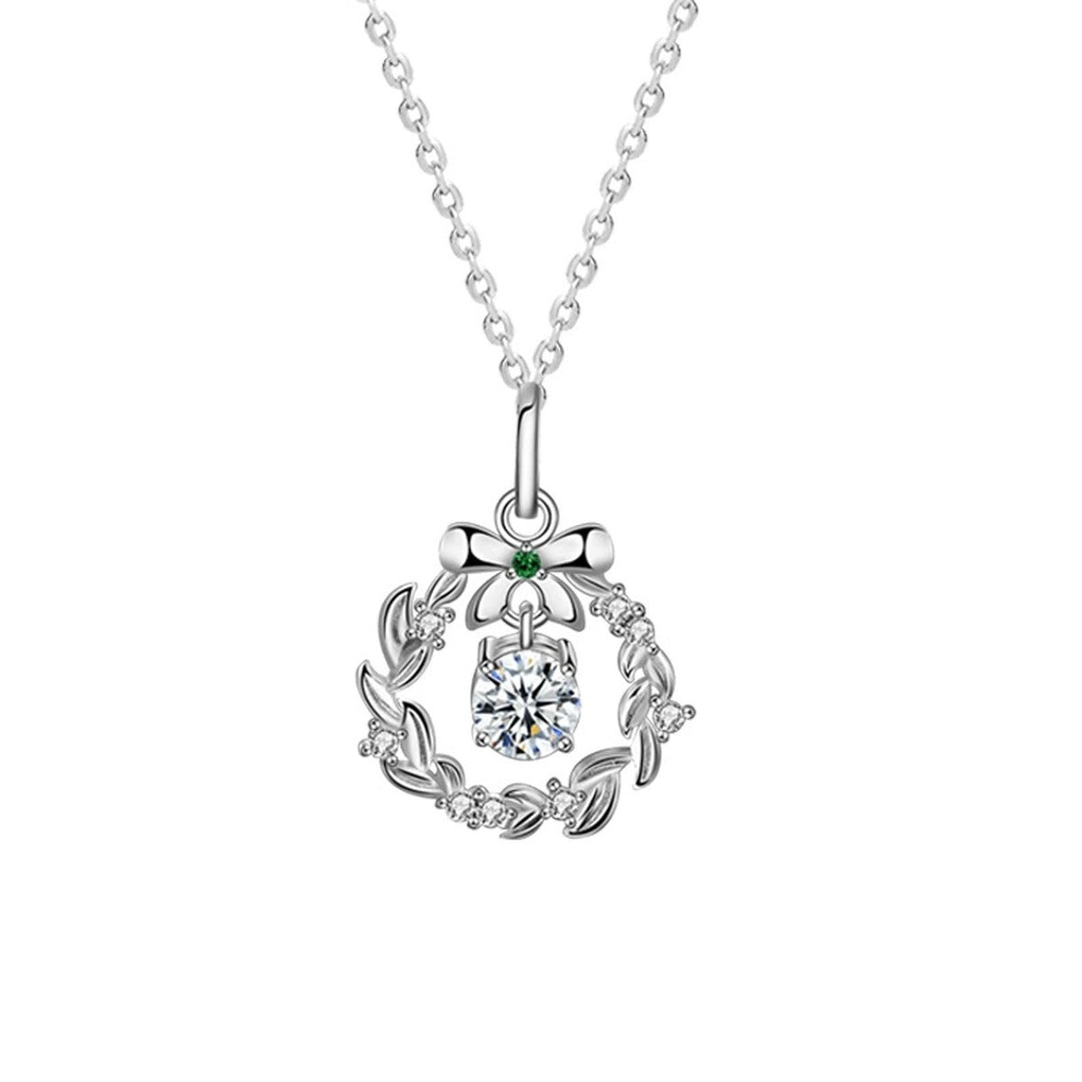 Christmas Wreath Round Moissanite Necklace with Green CZ in White Gold-Plated S925 sterling silver white background product photo showing christmas wreath pendant with round moissanite center and green CZ bow accent