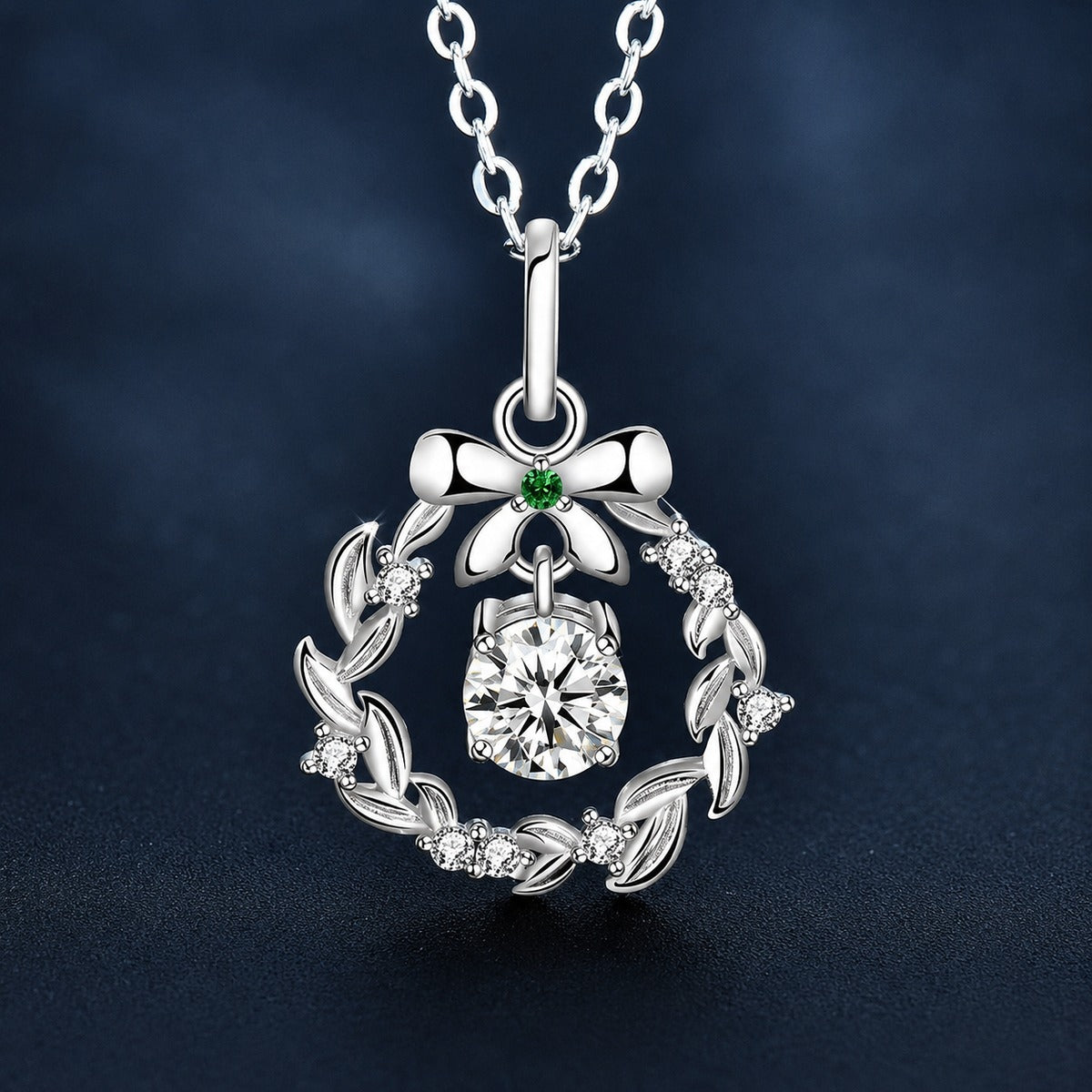 Christmas Wreath Round Moissanite Necklace with Green CZ in White Gold-Plated S925 sterling silver close-up product scene showing pendant setting