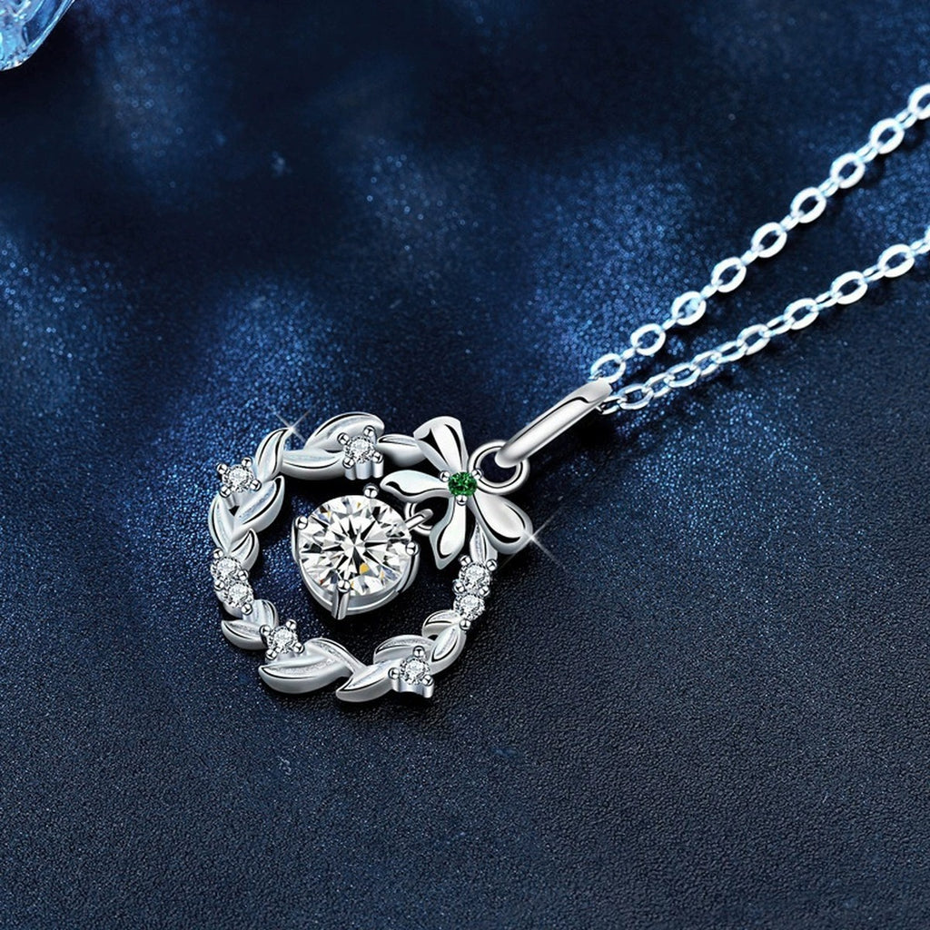 Christmas Wreath Round Moissanite Necklace with Green CZ in White Gold-Plated S925 sterling silver angled product detail view