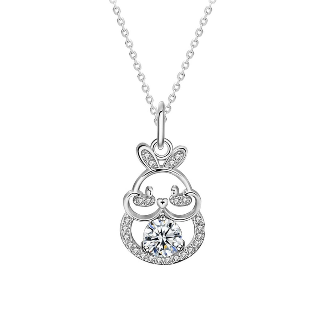 Bunny Round Moissanite Necklace with CZ in White Gold-Plated S925 sterling silver white background product photo showing bunny pendant with round moissanite center and CZ ears