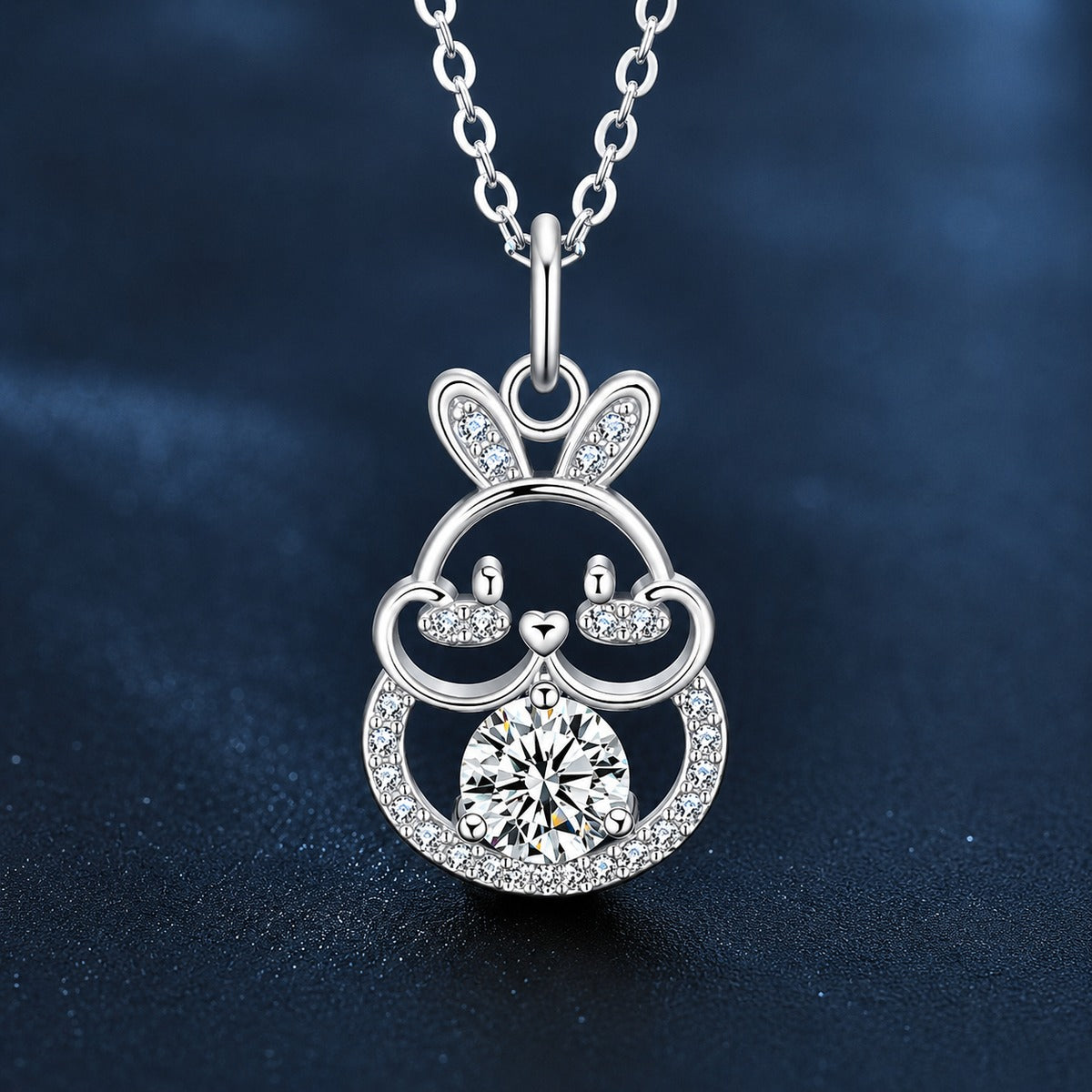 Bunny Round Moissanite Necklace with CZ in White Gold-Plated S925 sterling silver close-up product scene showing pendant setting