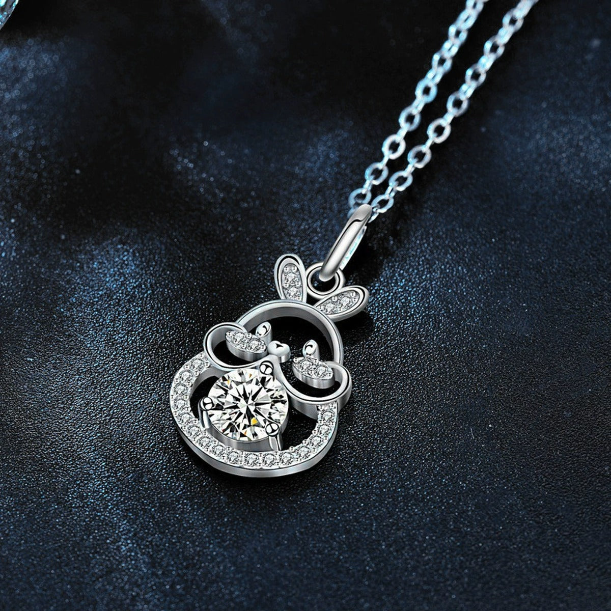 Bunny Round Moissanite Necklace with CZ in White Gold-Plated S925 sterling silver angled product detail view
