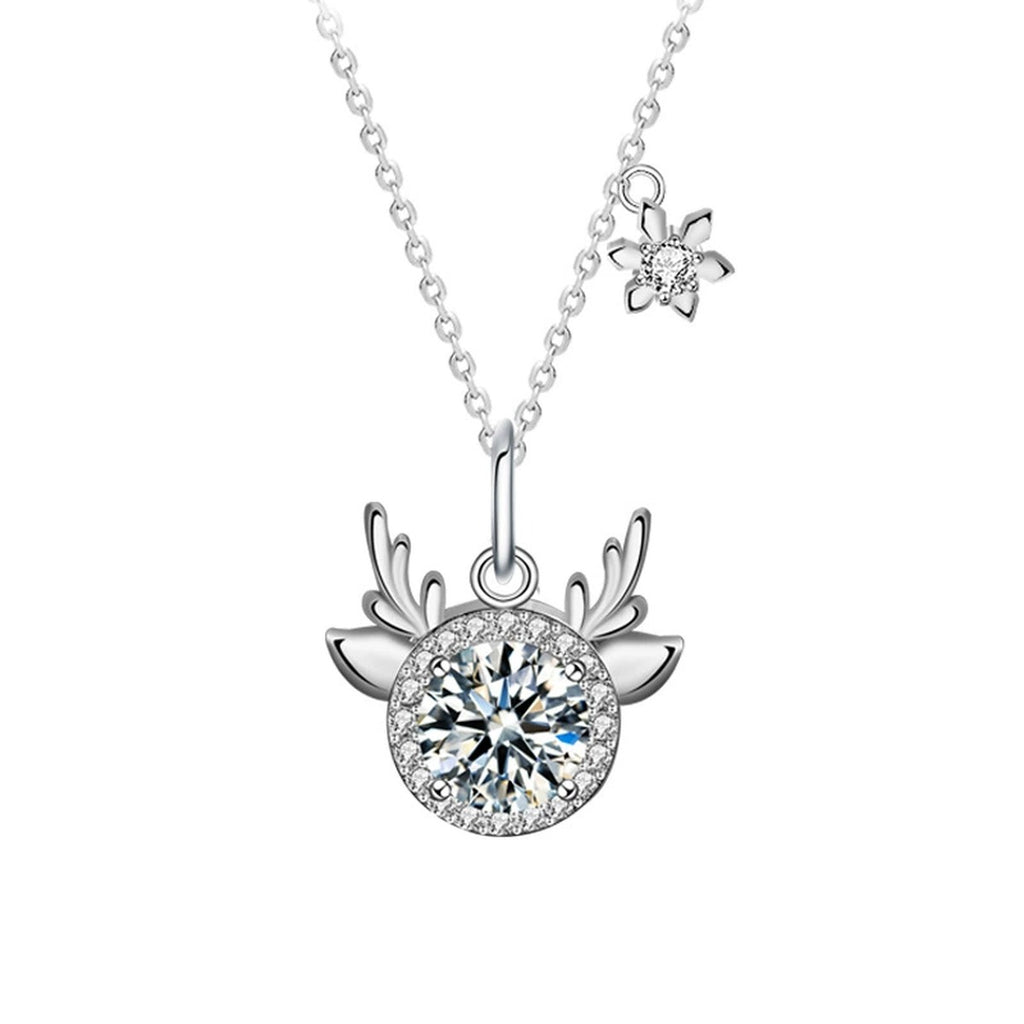Antler Snowflake Colored Moissanite Necklace with CZ in White Gold-Plated S925 sterling silver white background product photo showing antler and snowflake pendant offered with white, champagne yellow, or green round moissanite