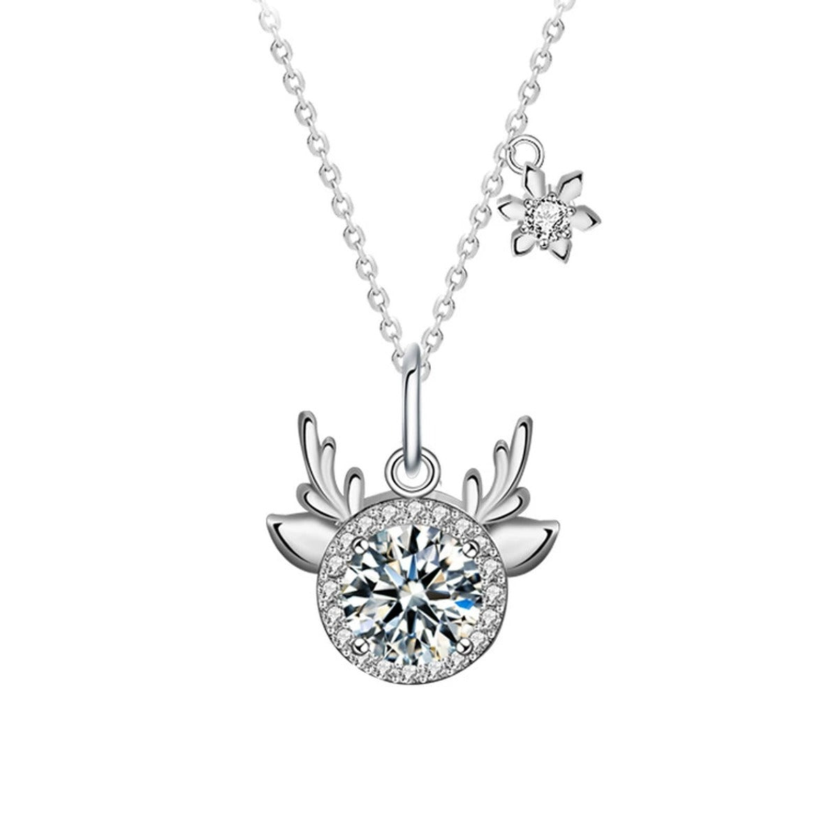 Antler Snowflake Colored Moissanite Necklace with CZ in White Gold-Plated S925 sterling silver white background product photo showing antler and snowflake pendant offered with white, champagne yellow, or green round moissanite