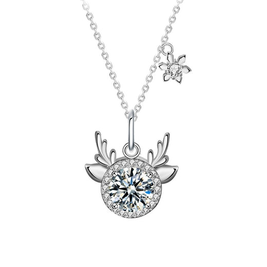 Antler Snowflake Colored Moissanite Necklace with CZ in White Gold-Plated S925 Sterling Silver