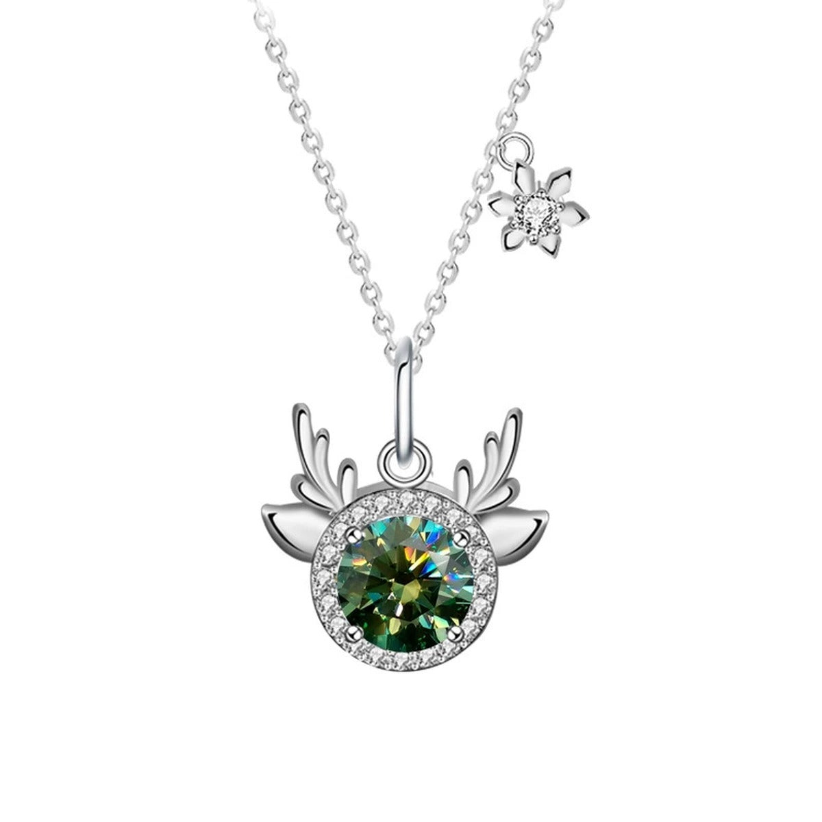 Antler Snowflake Colored Moissanite Necklace with CZ in White Gold-Plated S925 sterling silver white background product photo showing antler and snowflake pendant offered with white, champagne yellow, or green round moissanite