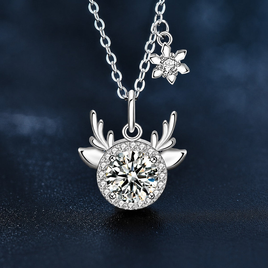 Antler Snowflake Colored Moissanite Necklace with CZ in White Gold-Plated S925 sterling silver close-up product scene showing pendant setting