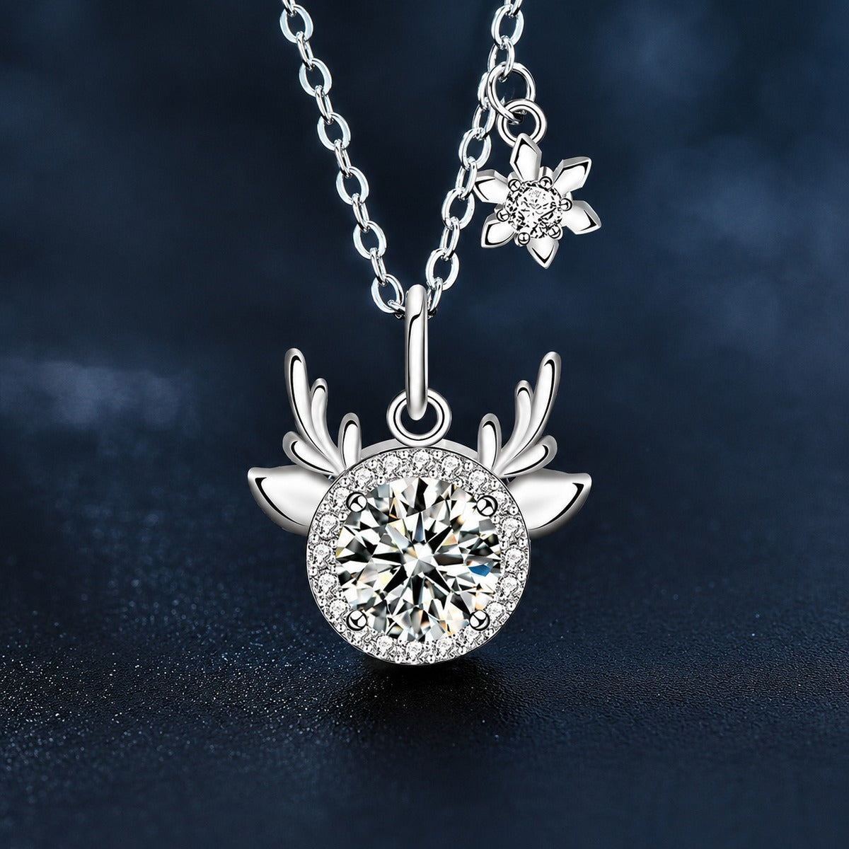 Antler Snowflake Colored Moissanite Necklace with CZ in White Gold-Plated S925 sterling silver close-up product scene showing pendant setting