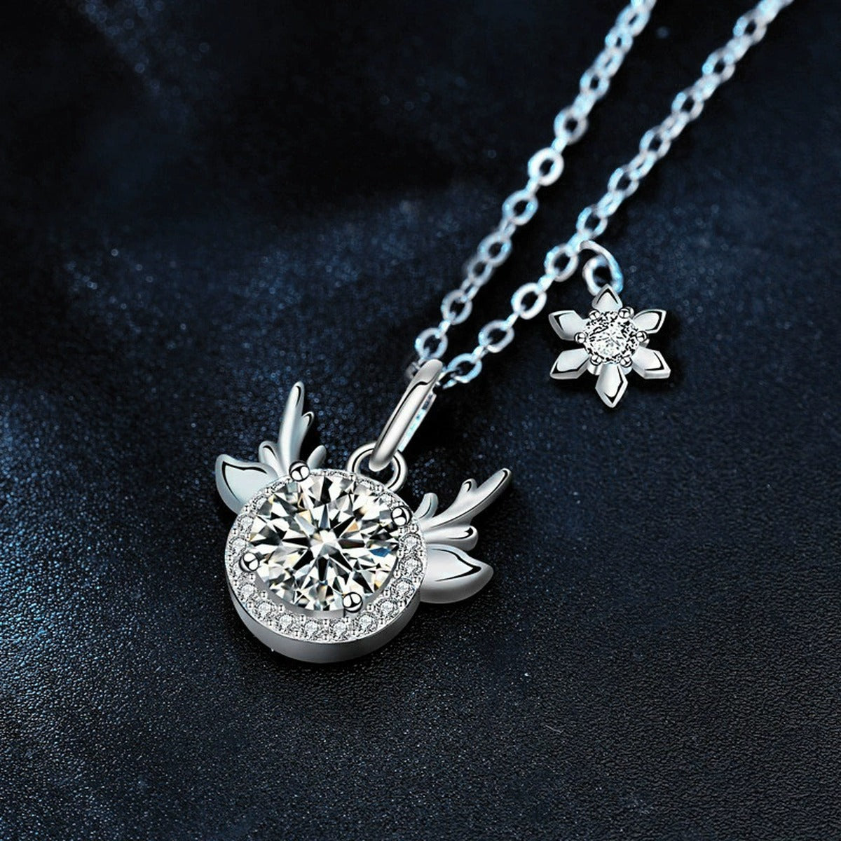 Antler Snowflake Colored Moissanite Necklace with CZ in White Gold-Plated S925 sterling silver blue display scene showing chain and stone layout