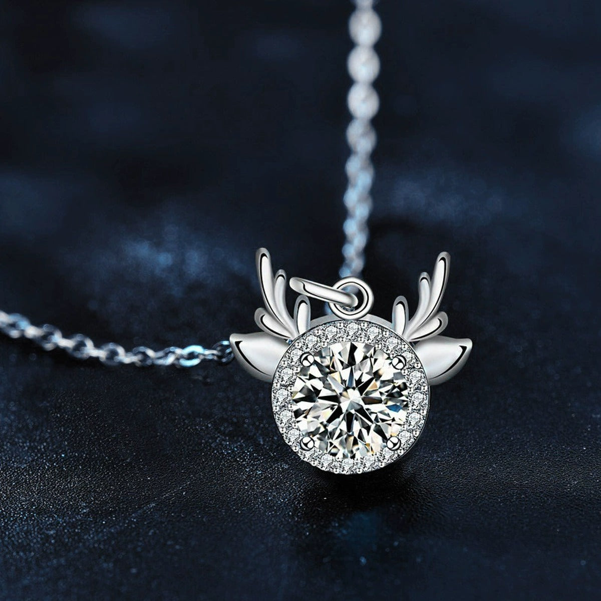 Antler Snowflake Colored Moissanite Necklace with CZ in White Gold-Plated S925 sterling silver angled product detail view