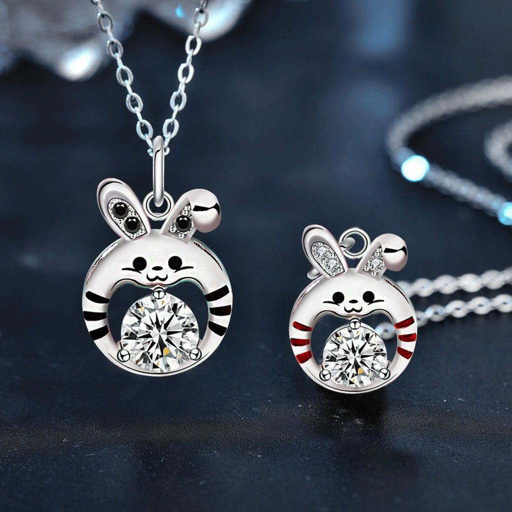 Tiger Couples Moissanite Necklaces with CZ in White Gold-Plated S925 sterling silver white background product photo showing matching tiger-inspired couples necklaces with male and female round moissanite pendants