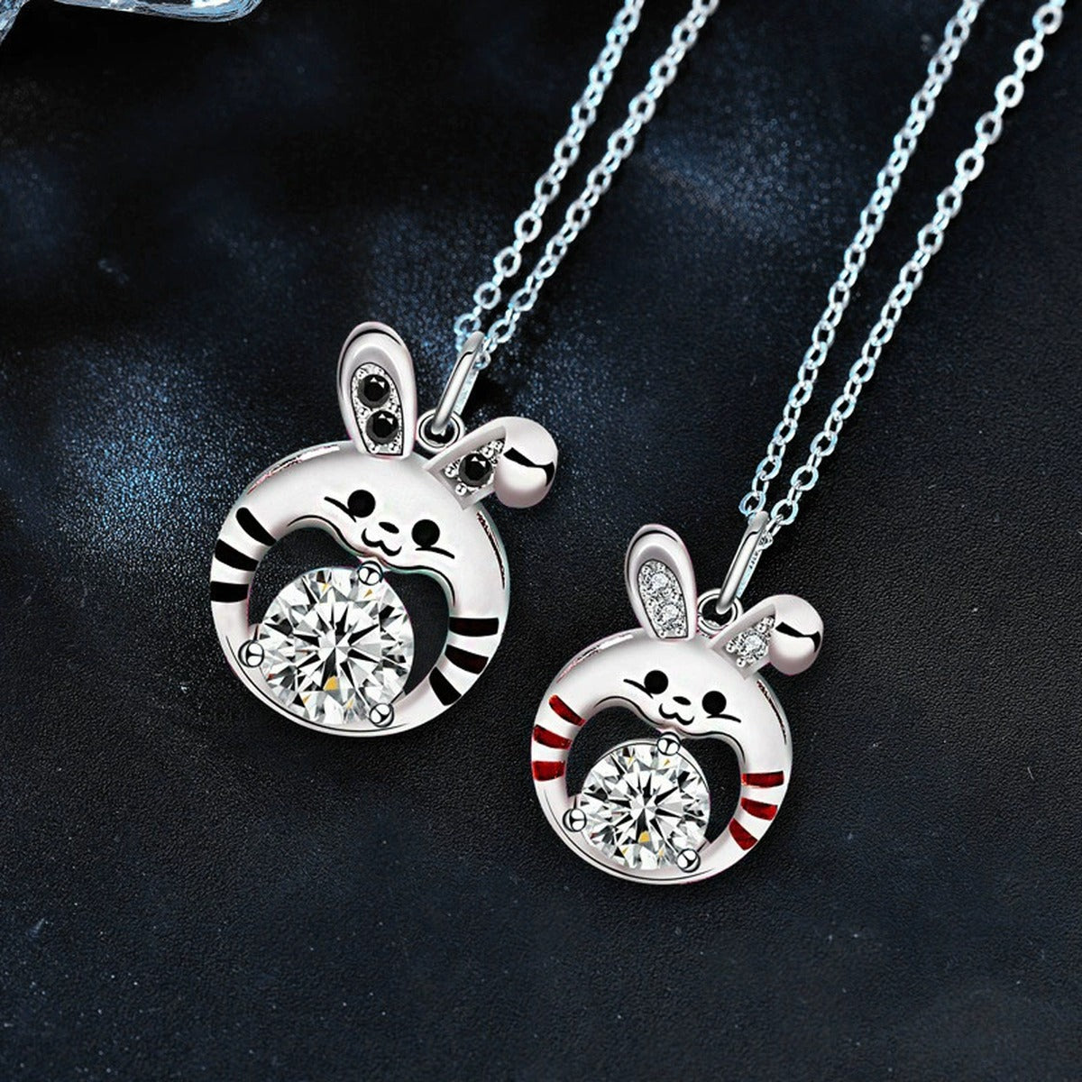 Tiger Couples Moissanite Necklaces with CZ in White Gold-Plated S925 sterling silver close-up product scene showing pendant setting