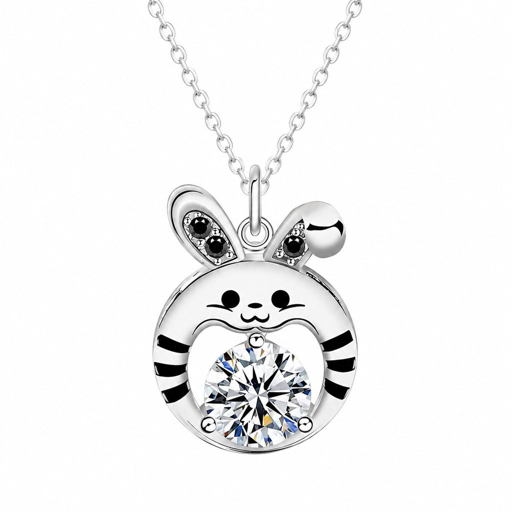 Tiger Couples Moissanite Necklaces with CZ in White Gold-Plated S925 sterling silver white background product photo showing matching tiger-inspired couples necklaces with male and female round moissanite pendants