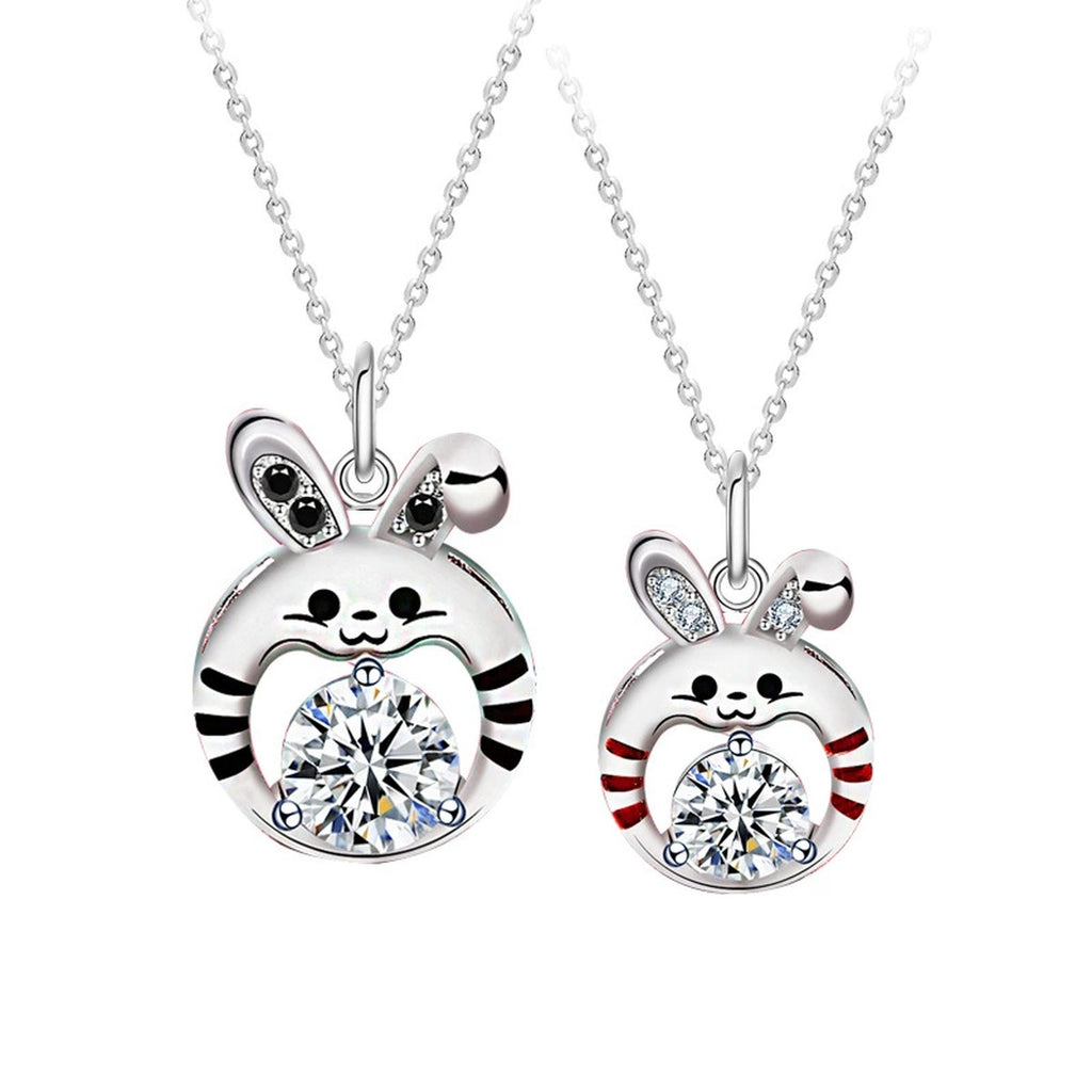 Tiger Couples Moissanite Necklaces with CZ in White Gold-Plated S925 sterling silver white background product photo showing matching tiger-inspired couples necklaces with male and female round moissanite pendants