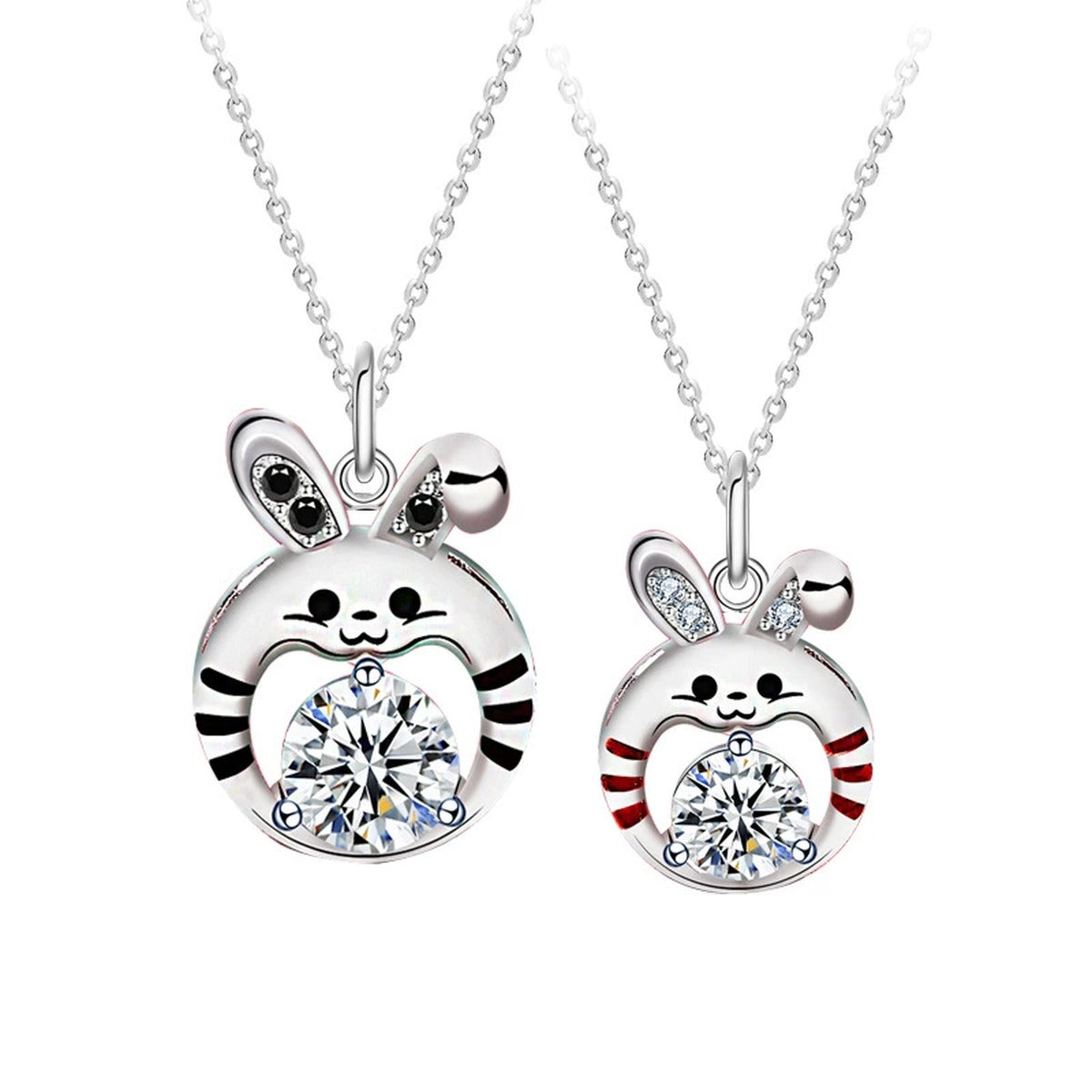 Tiger Couples Moissanite Necklaces with CZ in White Gold-Plated S925 sterling silver white background product photo showing matching tiger-inspired couples necklaces with male and female round moissanite pendants