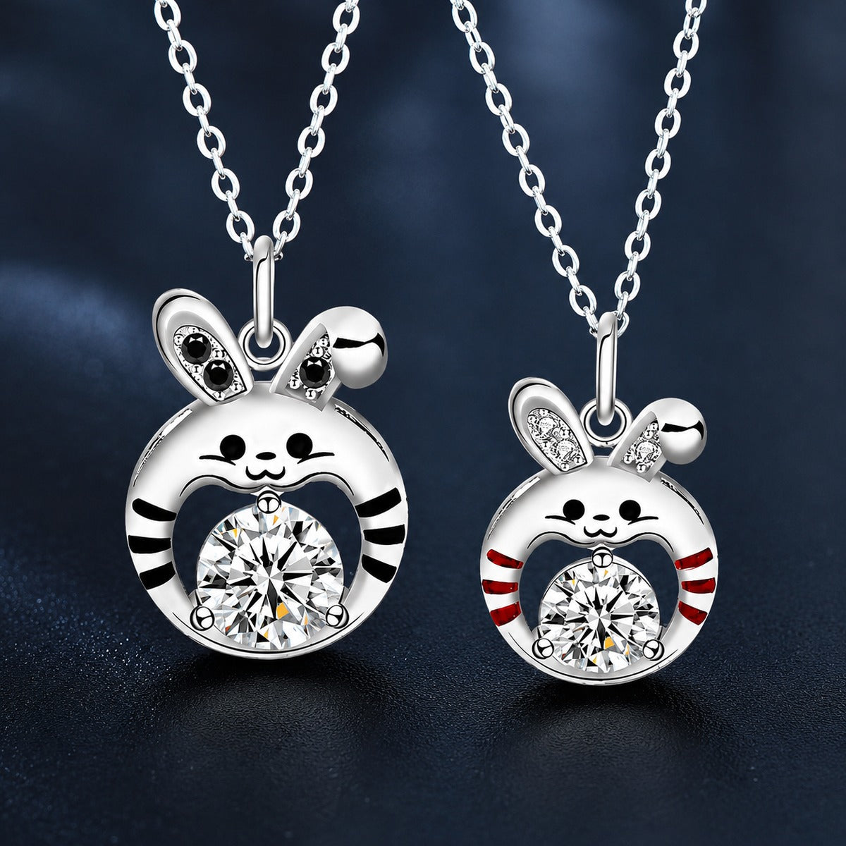 Tiger Couples Moissanite Necklaces with CZ in White Gold-Plated S925 sterling silver blue display scene showing chain and stone layout